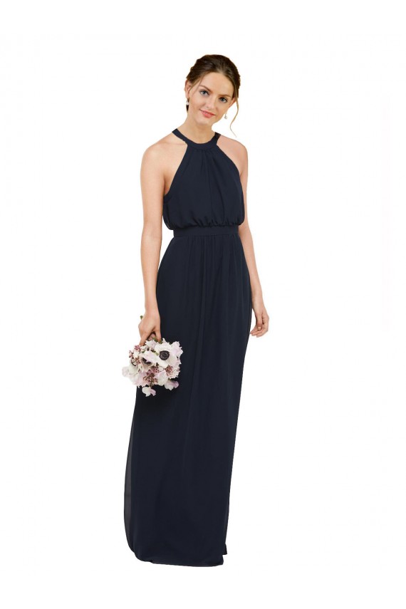 Online Azul marina oscuro línea A Halter Cuello Alto Gasa Largo Vestidos de dama de honor