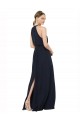 Online Azul marina oscuro línea A Halter Cuello Alto Gasa Largo Vestidos de dama de honor