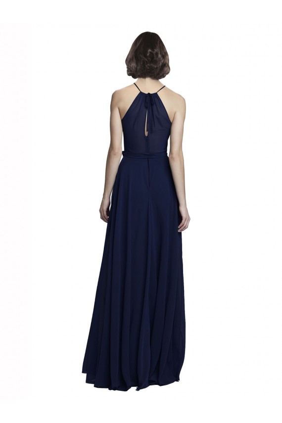 Online Azul marina oscuro línea A Halter Cuello Alto Gasa Largo Vestidos de dama de honor
