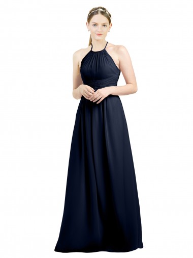 Online Azul marina oscuro línea A Halter Cuello Alto Gasa Largo Vestidos de dama de honor