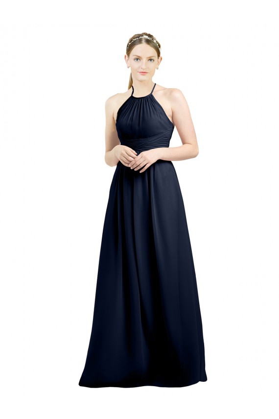 Online Azul marina oscuro línea A Halter Cuello Alto Gasa Largo Vestidos de dama de honor
