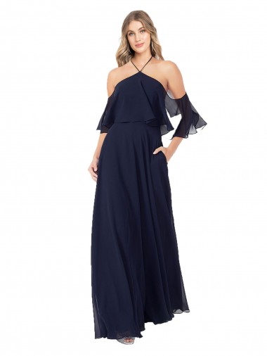 Online Azul marina oscuro línea A Halter Cuello Alto Gasa Largo Vestidos de dama de honor