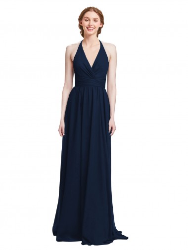 Online Azul marina oscuro línea A Halter Cuello en V Gasa Largo Vestidos de dama de honor