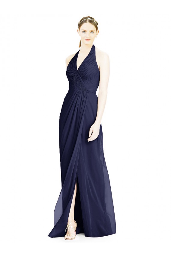 Online Azul marina oscuro línea A Halter Cuello en V Gasa Largo Vestidos de dama de honor