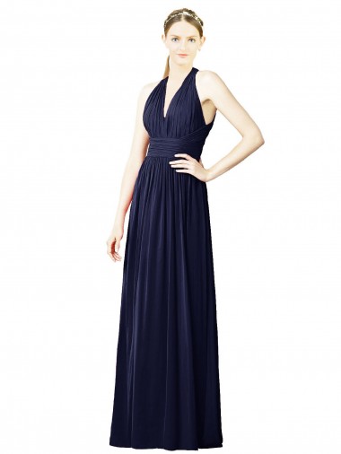 Online Azul marina oscuro línea A Halter Cuello en V Gasa Largo Vestidos de dama de honor