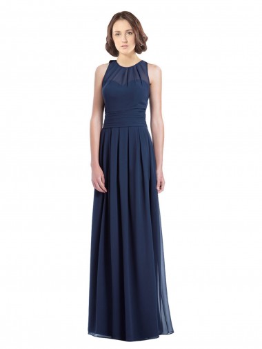 Online Azul marina oscuro línea A Halter Gasa Largo Vestidos de dama de honor