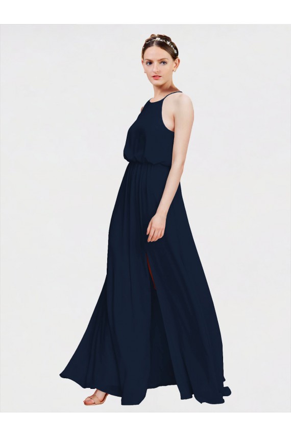 Online Azul marina oscuro línea A Halter Gasa Largo Vestidos de dama de honor