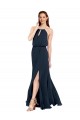 Online Azul marina oscuro línea A Halter Gasa Largo Vestidos de dama de honor
