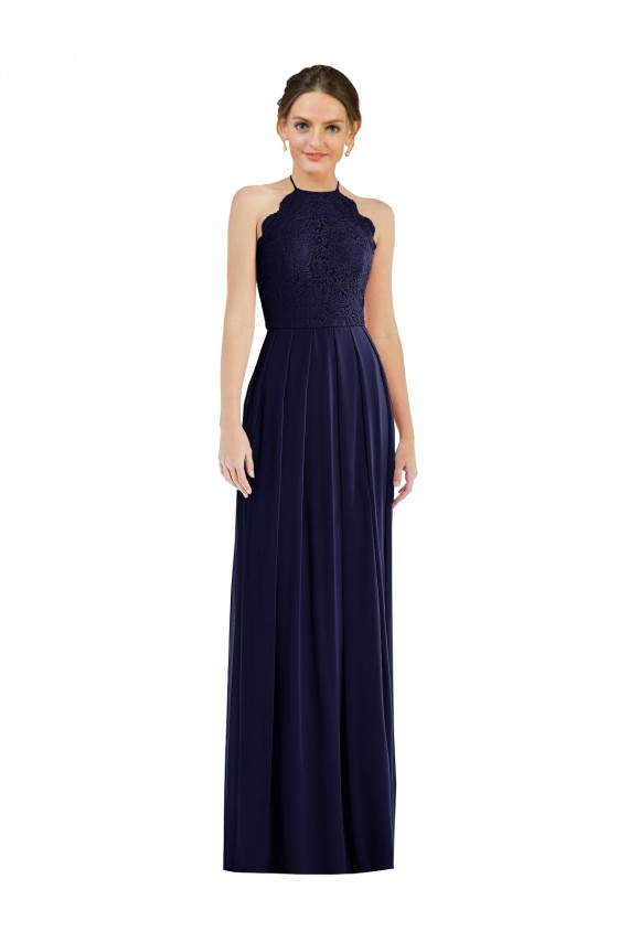 Online Azul marina oscuro línea A Halter Gasa Largo Vestidos de dama de honor