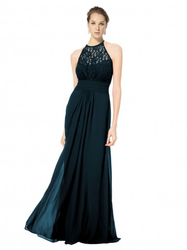 Online Azul marina oscuro línea A Halter Ilusión Gasa Encaje Largo Vestidos de dama de honor