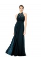 Online Azul marina oscuro línea A Halter Ilusión Gasa Encaje Largo Vestidos de dama de honor