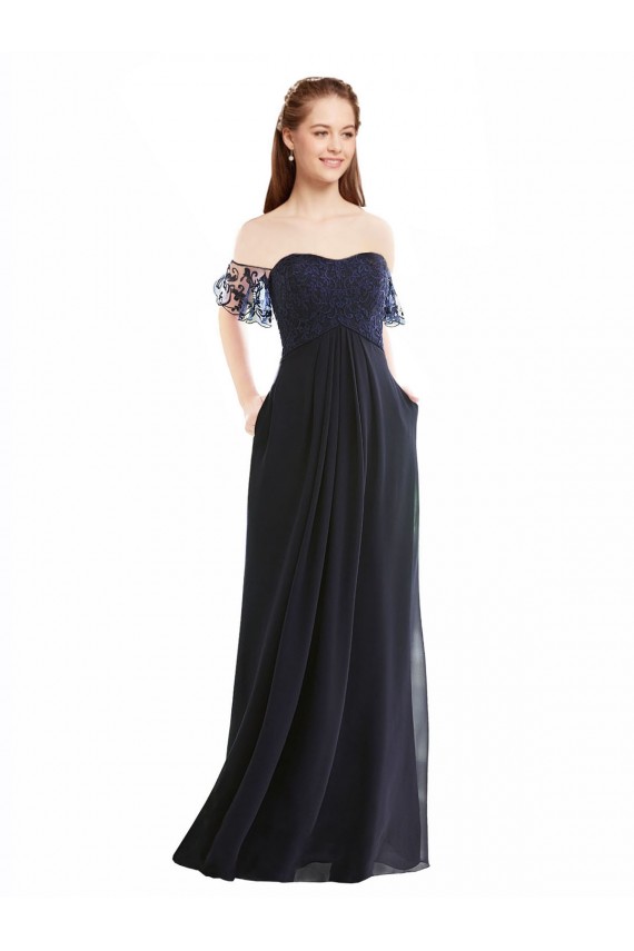 Online Azul marina oscuro línea A Hombros Descubiertos Cuello en V Gasa Encaje Largo Vestidos de dama de honor