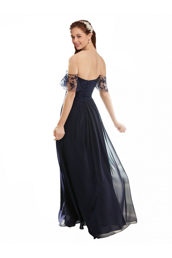 Online Azul marina oscuro línea A Hombros Descubiertos Cuello en V Gasa Encaje Largo Vestidos de dama de honor