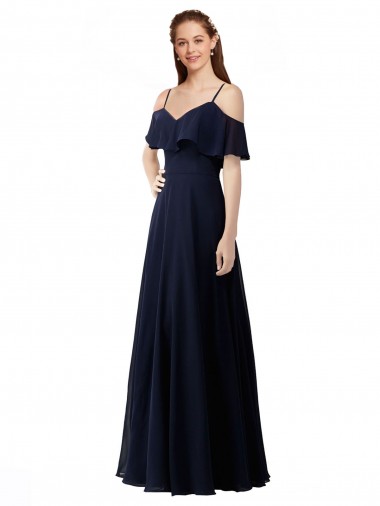 Online Azul marina oscuro línea A Hombros Descubiertos Cuello en V Gasa Largo Vestidos de dama de honor