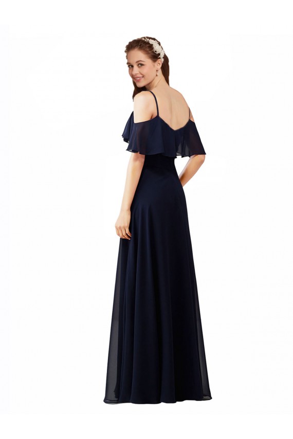 Online Azul marina oscuro línea A Hombros Descubiertos Cuello en V Gasa Largo Vestidos de dama de honor