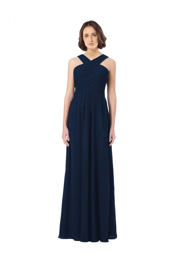 Online Azul marina oscuro línea A Hombros Descubiertos Gasa Largo Vestidos de dama de honor