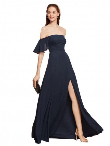 Online Azul marina oscuro línea A Hombros Descubiertos Gasa Largo Vestidos de dama de honor / Vestidos de fiesta
