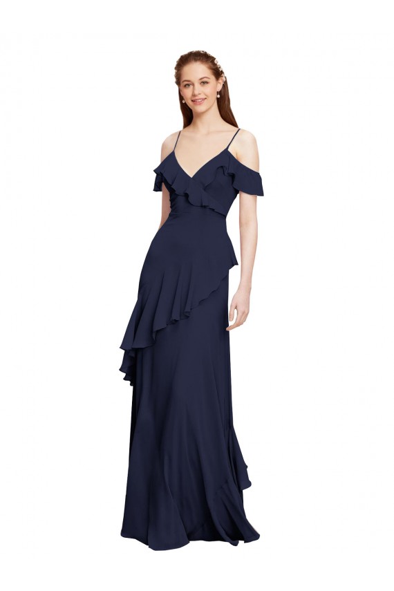 Online Azul marina oscuro línea A Hombros Descubiertos Tirantes espagueti Gasa Largo Vestidos de dama de honor