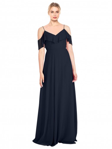 Online Azul marina oscuro línea A Hombros Descubiertos Tirantes espagueti Gasa Largo Vestidos de dama de honor