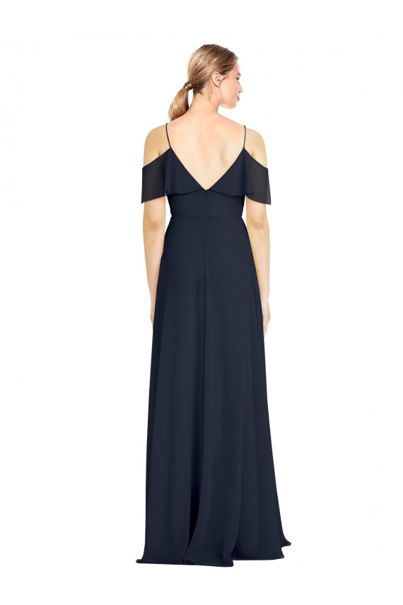 Online Azul marina oscuro línea A Hombros Descubiertos Tirantes espagueti Gasa Largo Vestidos de dama de honor