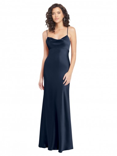 Online Azul marina oscuro línea A Satén elástico Largo Formales Vestidos de dama de honor / Vestidos de fiesta