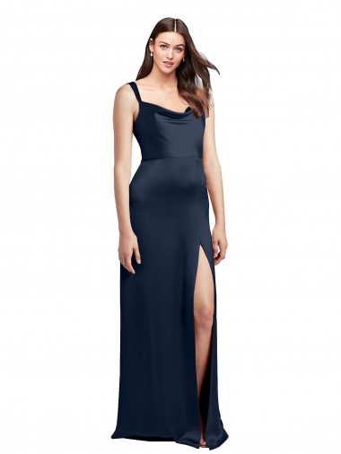 Online Azul marina oscuro línea A Satén elástico Largo Formales Vestidos de dama de honor / Vestidos de fiesta