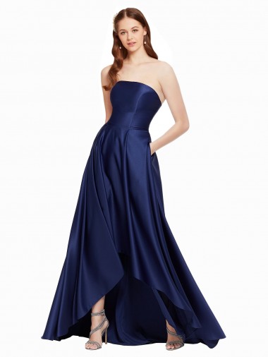 Online Azul marina oscuro línea A Sin tirantes Satén Largo Asimétrico Formales Vestidos de dama de honor / Vestidos de fiesta