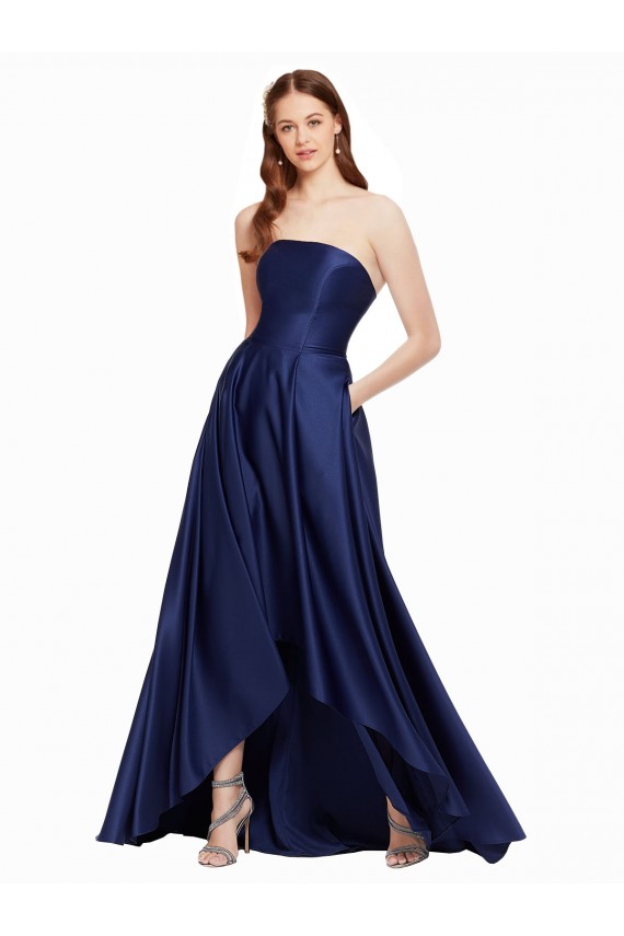 Online Azul marina oscuro línea A Sin tirantes Satén Largo Asimétrico Formales Vestidos de dama de honor / Vestidos de fiesta