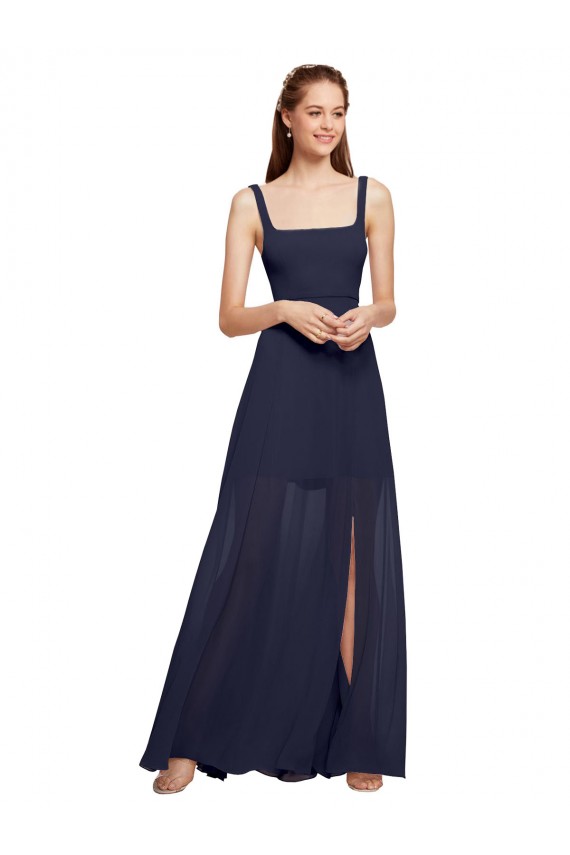 Online Azul marina oscuro línea A Tirantes espagueti Cuadrado Gasa Largo Vestidos de dama de honor