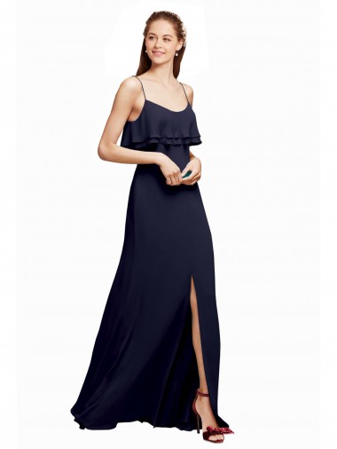 Online Azul marina oscuro línea A Tirantes espagueti Cucharón Gasa Largo Vestidos de dama de honor