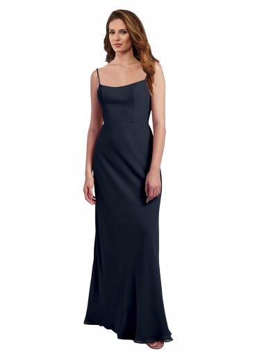 Online Azul marina oscuro línea A Tirantes espagueti Cucharón Gasa Largo Vestidos de dama de honor