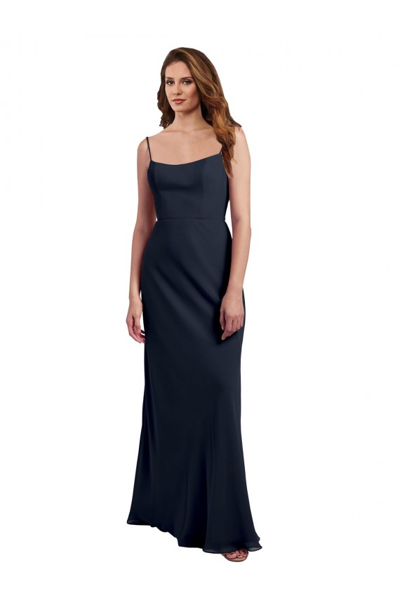 Online Azul marina oscuro línea A Tirantes espagueti Cucharón Gasa Largo Vestidos de dama de honor
