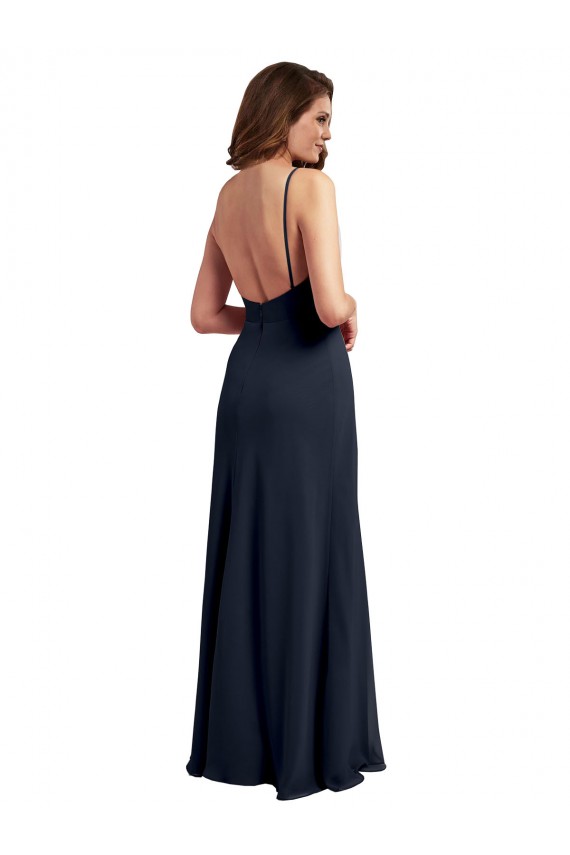Online Azul marina oscuro línea A Tirantes espagueti Cucharón Gasa Largo Vestidos de dama de honor