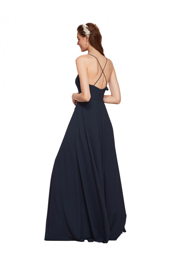 Online Azul marina oscuro línea A Tirantes espagueti Cuello en V Gasa Largo Vestidos de dama de honor