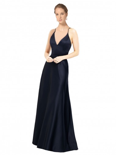 Online Azul marina oscuro línea A Tirantes espagueti Cuello en V Satén Largo Vestidos de dama de honor / Vestidos de fiesta