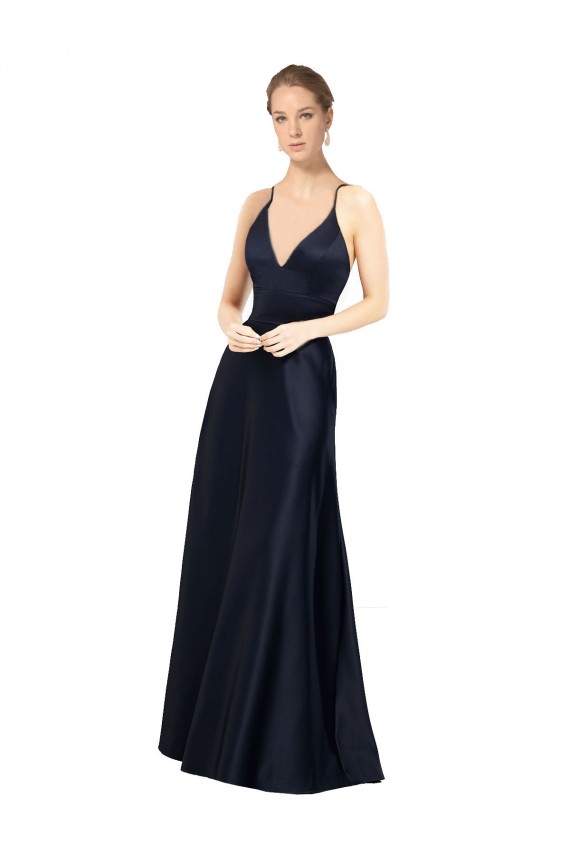 Online Azul marina oscuro línea A Tirantes espagueti Cuello en V Satén Largo Vestidos de dama de honor / Vestidos de fiesta
