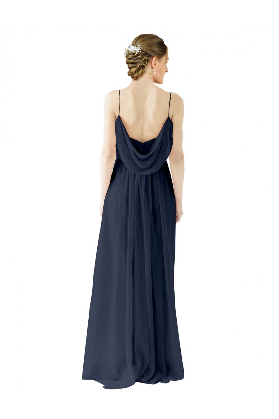Online Azul marina oscuro línea A Tirantes espagueti Gasa Largo Vestidos de dama de honor