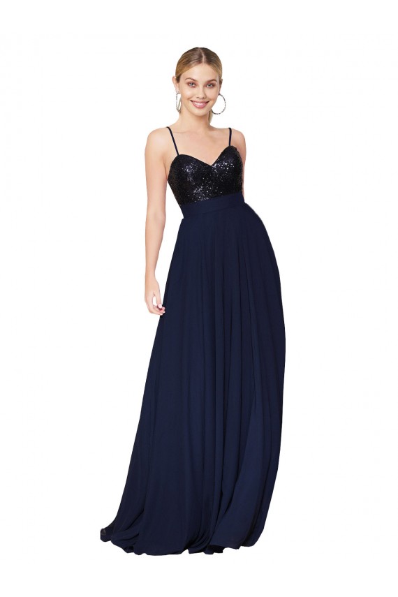 Online Azul marina oscuro línea A Tirantes espagueti Gasa Lentejuela Largo Vestidos de dama de honor / Vestidos de fiesta