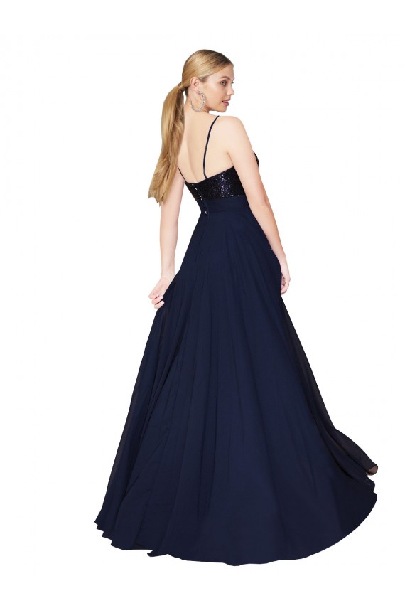 Online Azul marina oscuro línea A Tirantes espagueti Gasa Lentejuela Largo Vestidos de dama de honor / Vestidos de fiesta