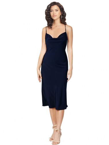 Online Azul marina oscuro línea A Tirantes espagueti Midi Satén sedoso Corto Formales Vestidos de dama de honor / Vestidos de fiesta / Vestidos de cóctel