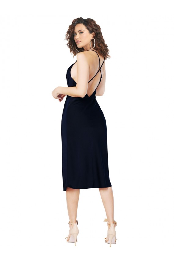 Online Azul marina oscuro línea A Tirantes espagueti Midi Satén sedoso Corto Formales Vestidos de dama de honor / Vestidos de fiesta / Vestidos de cóctel