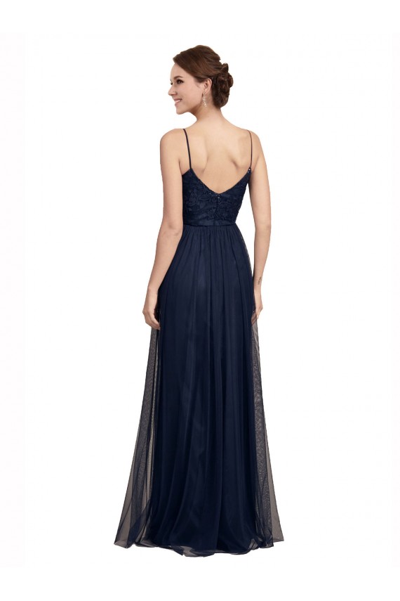 Online Azul marina oscuro línea A Tirantes espagueti Tul Encaje Largo Vestidos de dama de honor