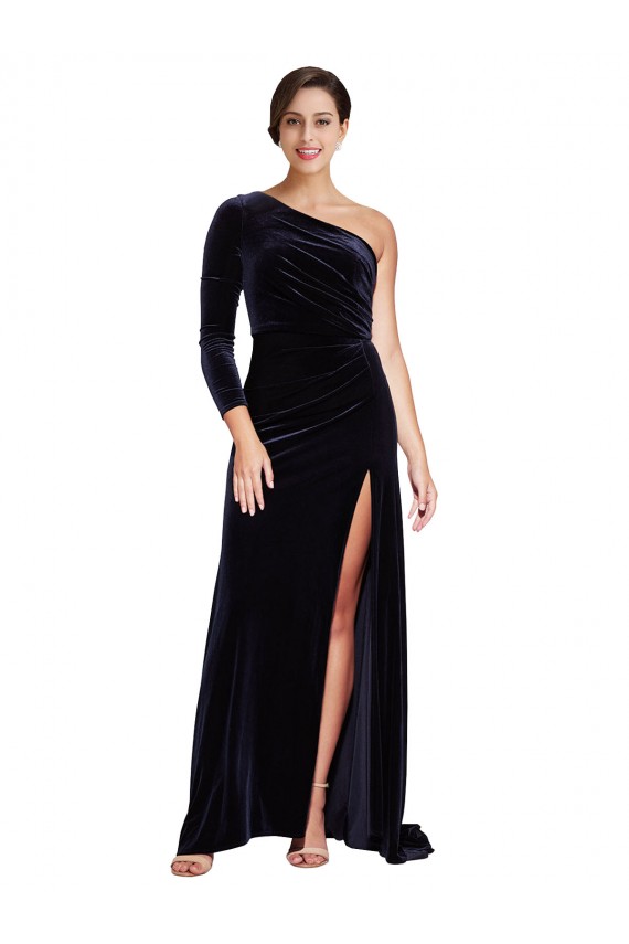 Online Azul marina oscuro línea A Un Hombre Barrer tren Terciopelo Elástico Largo Formales Vestidos de dama de honor / Vestidos de fiesta