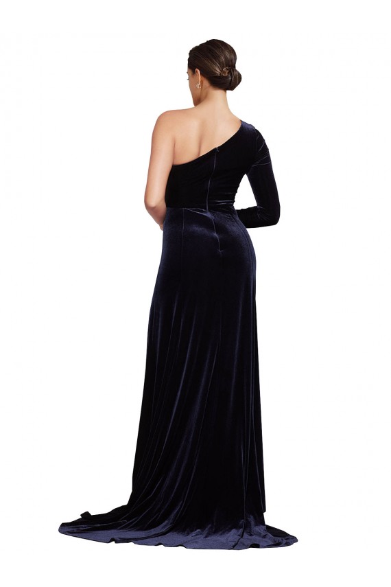 Online Azul marina oscuro línea A Un Hombre Barrer tren Terciopelo Elástico Largo Formales Vestidos de dama de honor / Vestidos de fiesta