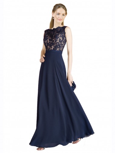 Online Azul marina oscuro línea A Ilusión Gasa Encaje Largo Vestidos de dama de honor / Vestidos de fiesta
