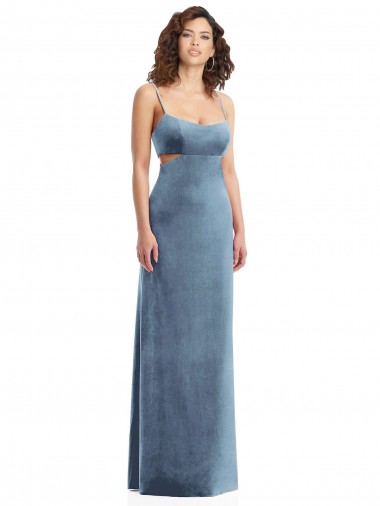 Online Azul polvoriento Cubierta Cuadrado Terciopelo Elástico Largo Formales Vestidos de dama de honor / Vestidos de fiesta