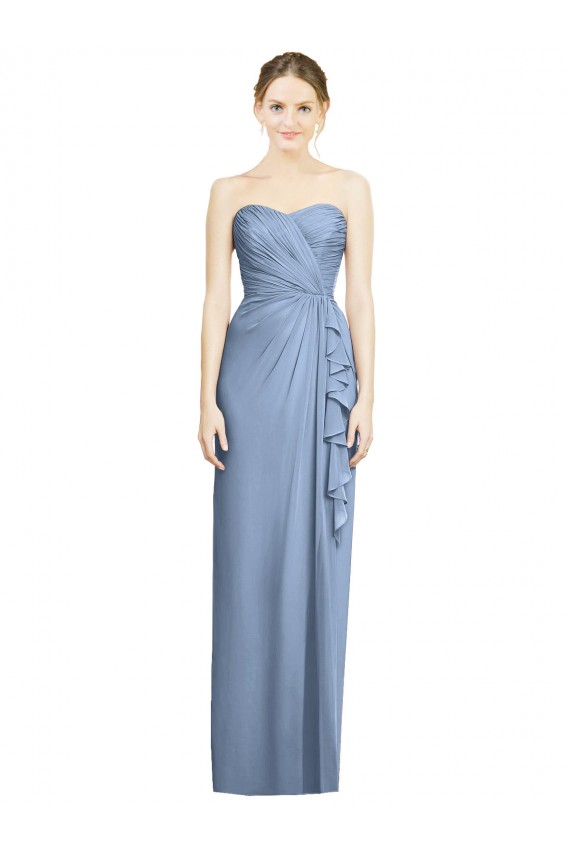 Online Azul polvoriento Cubierta Cuello de Corazón Sin tirantes Gasa Largo Vestidos de dama de honor