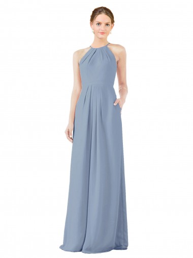 Online Azul polvoriento Cubierta Halter Cuello Alto Gasa Largo Vestidos de dama de honor