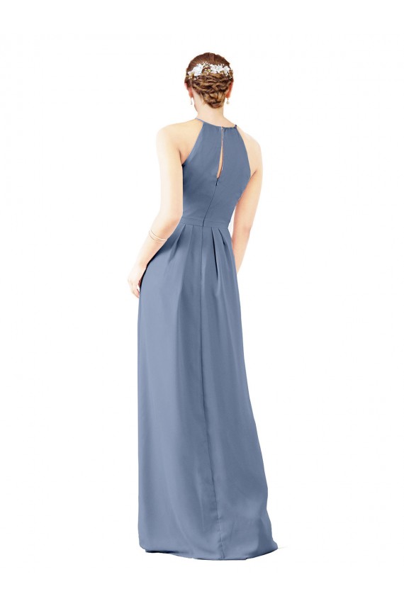 Online Azul polvoriento Cubierta Halter Cuello Alto Gasa Largo Vestidos de dama de honor
