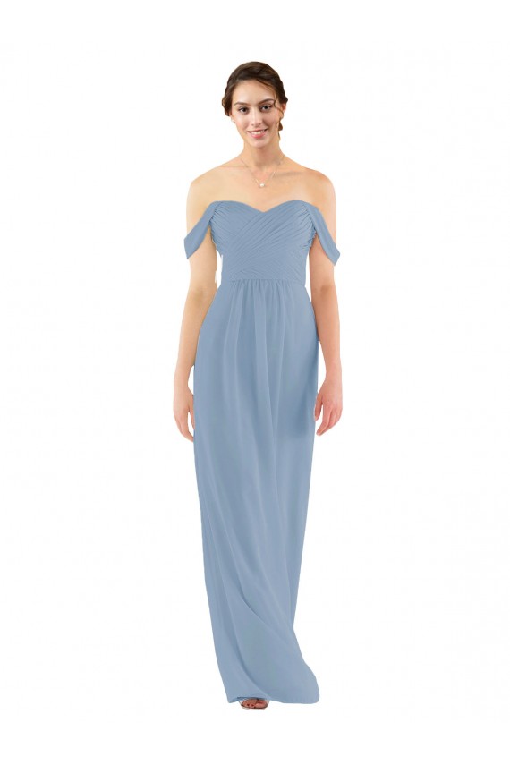 Online Azul polvoriento Cubierta Hombros Descubiertos Gasa Largo Vestidos de dama de honor